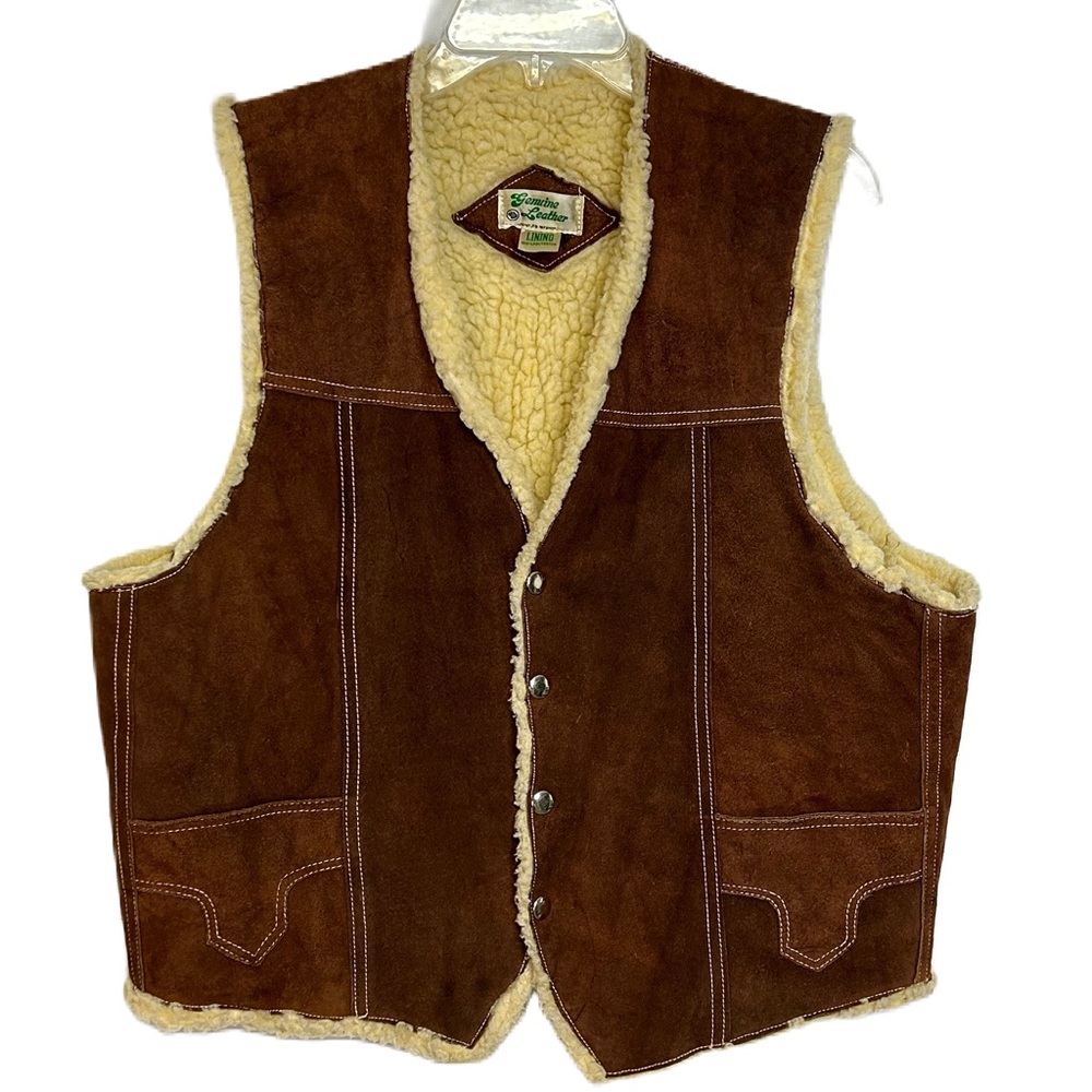 Vintage Genuine Suede Leather Faux Sherpa Vest Snaps Pockets Brown Unisex Large - Picture 1 of 16
